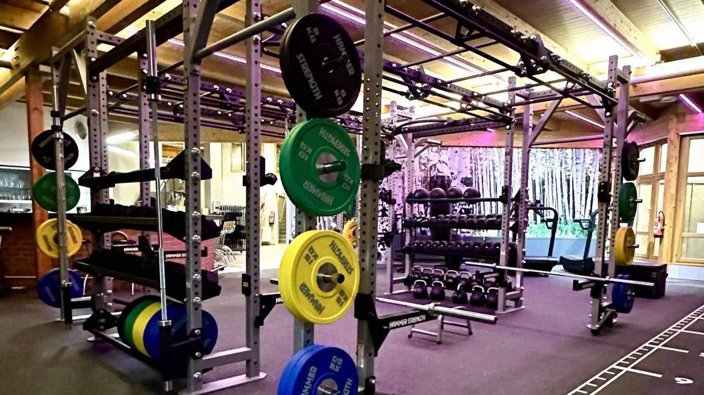 Hammer-Strength-Box mit Racks und Hantelscheiben
