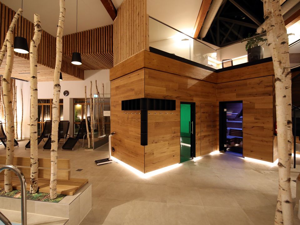 Saunalandschaft mit Holz und Birkenstämmen
